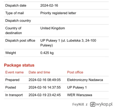 FeyNiX - Ktoś wie ile idzie paczka pocztą z PL do UK? Od 19go stoi w miejscu a trochę...