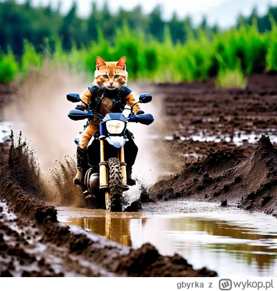 gbyrka - a cat riding an adventure motorcycle through a deep mud

#dalle