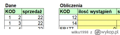 wilku1998 - #excel 
Mam KOD który jest w dwóch kolumnach , muszę zsumować ilość jego ...