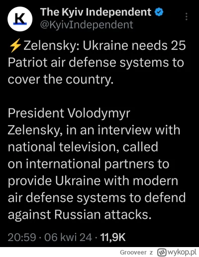 Grooveer - Ukraina potrzebuje 25 systemów Patriot po 6-8 baterii każdy od zachodu by ...