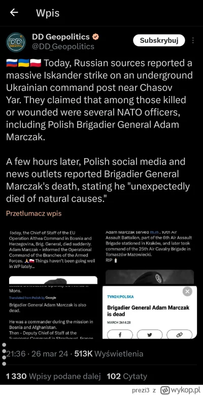 prezi3 - Ponoć generał Adam Marczak zmarł nagle z przyczyn naturalnych od Iskandera. ...