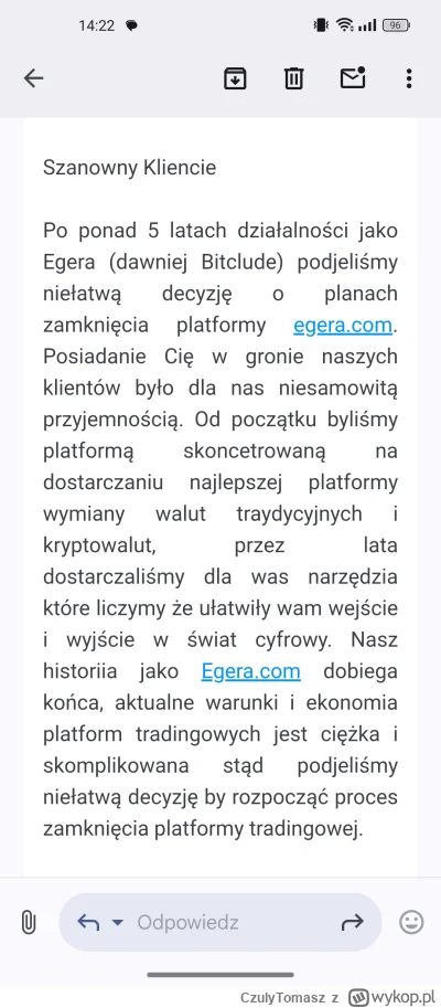 CzulyTomasz - Ehh, polska giełda Egera (czyli stary Bitclude) kończy działalność. Do ...