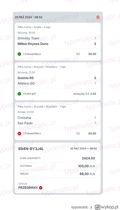 typomatic - Brakło jednego gola (╥﹏╥) na 191 980 zł

#typomatic
#bukmacherka