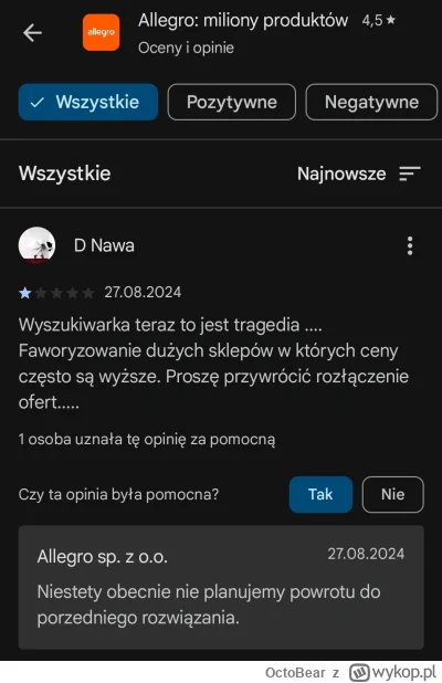 OctoBear - Allegro oficjalnie odpisuje na opinie pod swoją apką, związane ze zmianami...