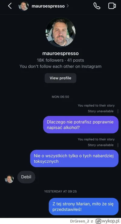 DrGreen_2 - Boczek się przedstawił w wiadomości na Insta 

#slubodpierwszegowejrzenia