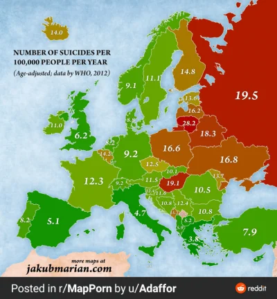 josb515 - Oto współczynnik samobójstw na 100 tysięcy osób w Europie. (2012)
Chociaż n...