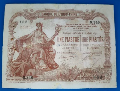 IbraKa - Indochiny - emisja z Sajgonu 1 piastre z 1903
#numizmatyka #banknoty #pienia...