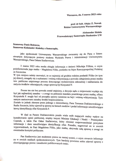 pawelczixd - Samorząd Studentów UW wystosował pismo do Rektora o usunięcie lub inną r...