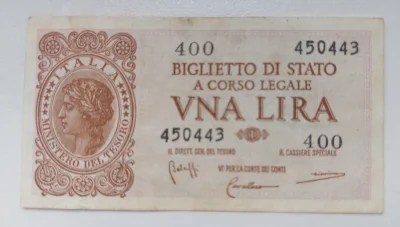 Barakun91 - #numizmatyka #hobby #pieniadze #banknoty
1 Lira z Włoch (1944)