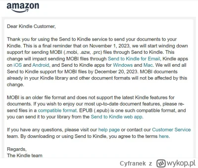 Cyfranek - Na Kindle nie wyślemy już (za chwilę) plików MOBI: http://cyfranek.booklik...