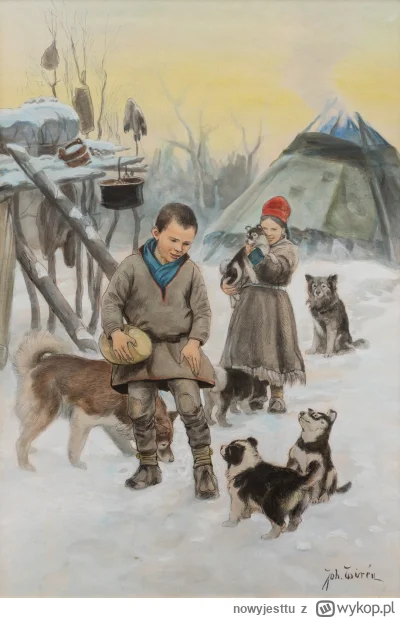 nowyjesttu - Johan Tirén- lapońskie dzieci z psami, Szwecja.

#szwecja #malarstwo #sk...