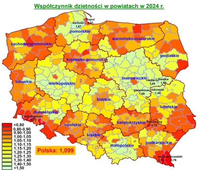 SilesianPill - Współczynnik dzietności wg powiatów w 2024 roku.

Najwyższy:
- powiat ...