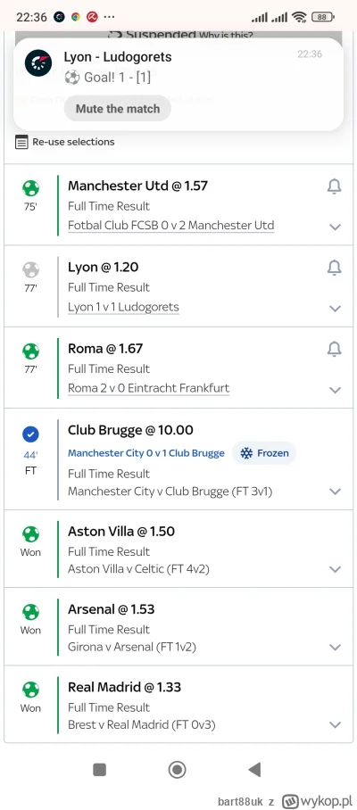 bart88uk - Wczoraj lipsk na 8k dziś Lyon po kursie 1.2 na 1200 zł xd #mecz #bukmacher...