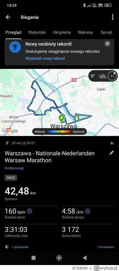 RTX4090 - Nowa życiówka weszła - z pomiaru 3:31:02.

Zacząłem z grupą na 3:25:00. Utr...