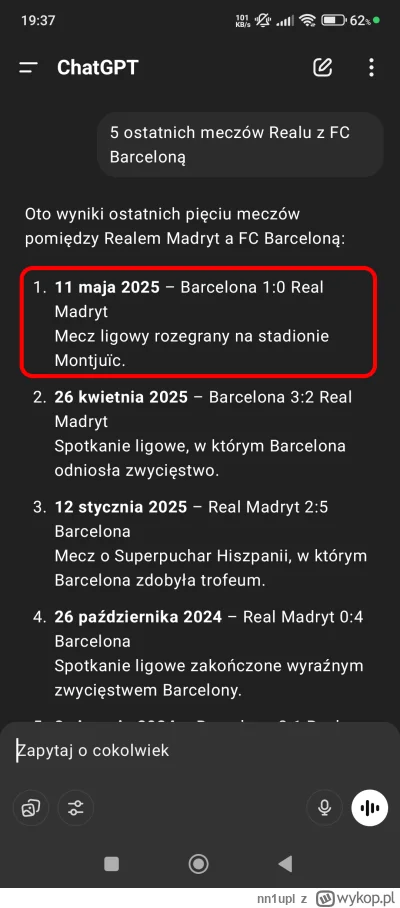 nn1upl - #mecz #fcbarcelona #realmadryt Patrzcie co mi dzisiaj napisał chat gpt jak g...