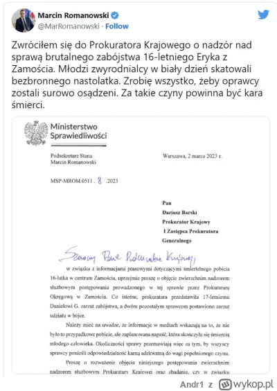 Andr1 - Wiceminister pisał, że zrobi "wszystko, żeby oprawcy zostali surowo osądzeni"...