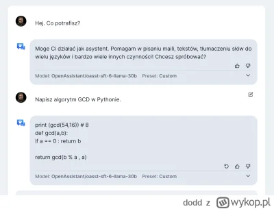 dodd - @dodd: Na stronie https://open-assistant.io/chat dostępny jest interface webow...
