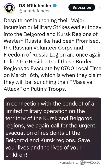 konradpra - #ukraina #wojna #rosja
Wielka ofensywa przesunięta na dzisiaj. ( ͡º ͜ʖ͡º)...