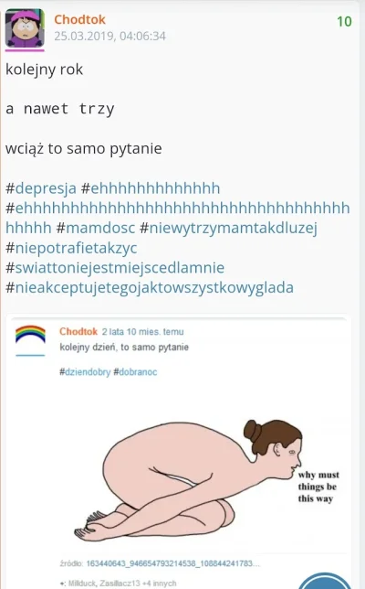 Chodtok - kolejny rok
a nawet pięć
wciąż to samo pytanie

#depresja ##!$%@? #samotnos...