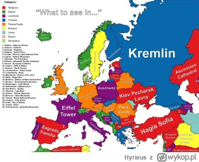 Hyrieus - Najczęściej odwiedzane miejsca w Europie według krajów
#mapy #mapa #mapporn...