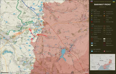 JanLaguna - Sytuacja pod Bachmutem. Czerwonymi strzałkami zaznaczono najbardziej praw...