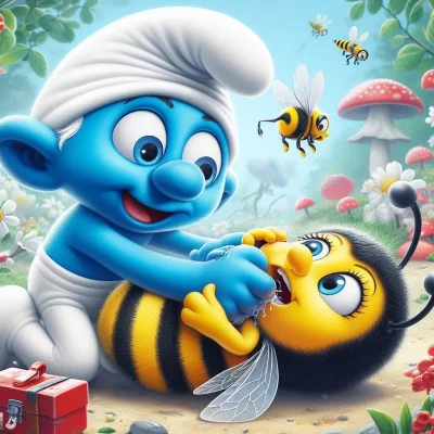 cebekk - "Papa Smerf ratuje Pszczółkę Maję od zachłyśnięcia się" według AI