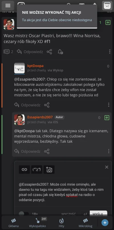 kptDoopa - #f1 Chłopa co boli krytyka, że od razu na czarną dodaje. Typowy kibic vifo...