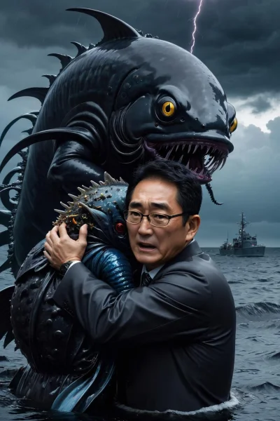 Kamero - Fumio Kishida hugged a mutated marine creature with a mournful, bloody, and ...