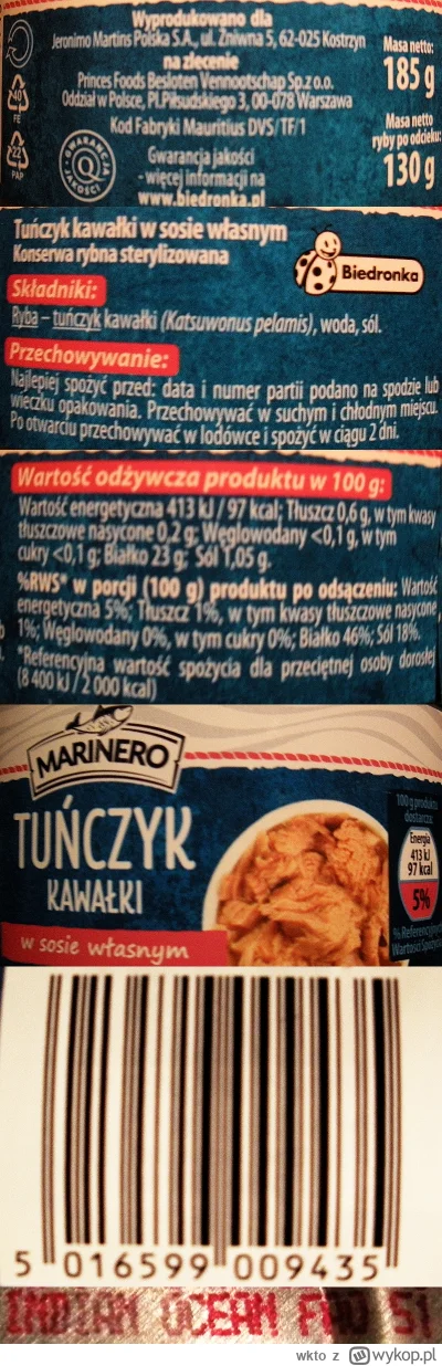 wkto - #listaproduktow
#tunczykpuszka kawałki w sosie własnym (wodzie) Marinero #bied...