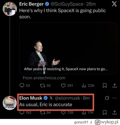 gonzo91 - #gielda #spacex #tesla #elonmusk
Lelon potwierdza nadchodzące IPO rakietek.