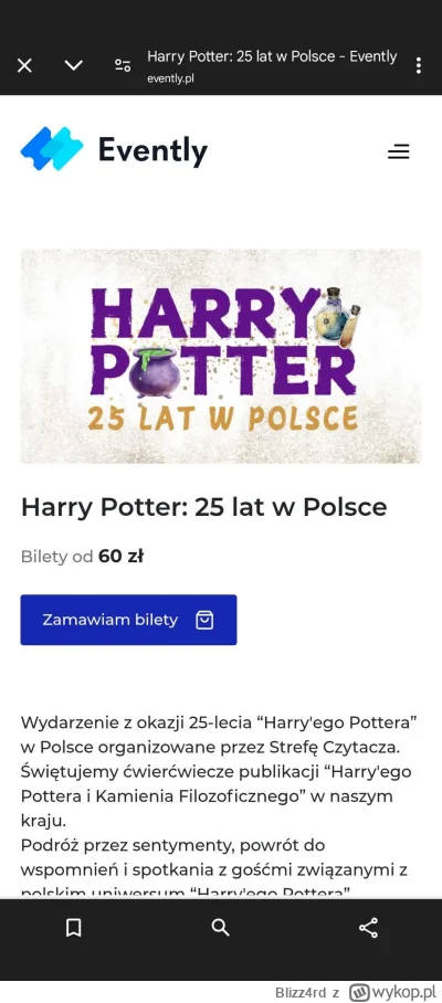 Blizz4rd - Sprzedam 2 bilety w cenie zakupu, na wydarzenie Harry Potter 25 lecie w Po...