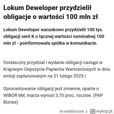 ArnoldZboczek - @rzzz: co do lokum to ostatnio obligacje na 100 mln zł wypuszczali op...
