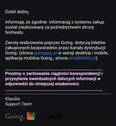 Jantar997 - Prośba o wykop efekt i nagłośnienie sprawy. Going zwraca pieniądze za bil...