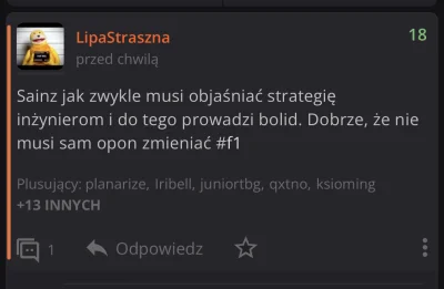 LipaStraszna - #!$%@?, może jednak lepiej, żeby opony tez zmieniał 

(╯︵╰,) #f1