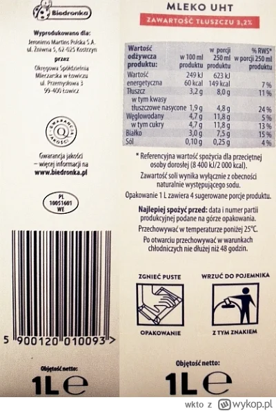 wkto - #listaproduktow
#mlekouht 3,2% Mleczna Dolina #biedronka
aktualny producent: Ł...