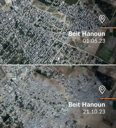 Coxex - Miasteczko Beit Hanoun w Strefie Gazy przed i po chirurgicznych bombardowania...