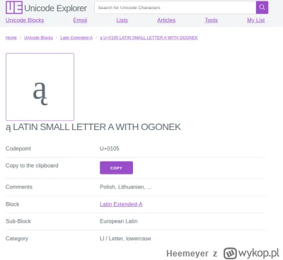 Heemeyer - wiedzieliście, że w unicode polskie znaki nazywają się np. "LATIN SMALL LE...