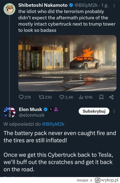 m.....s - Ponoć #tesla Cybertruck użyta w zamachu terrorystycznym pod #trump Tower ma...