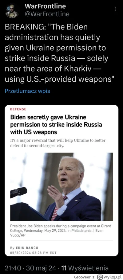 Grooveer - Podobno Biden pozwolił na użycie amerykańskiej broni na terenie Rosji tylk...