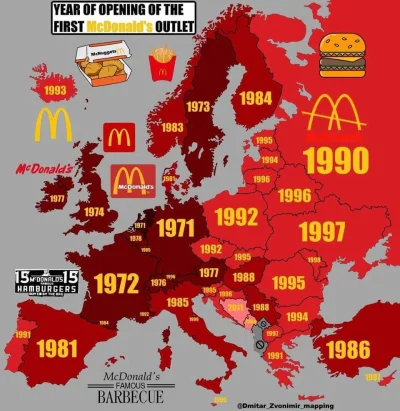 BozenaMal - Mapa pokazuje, kiedy w krajach europejskich otwarto pierwszy McDonald’s. ...