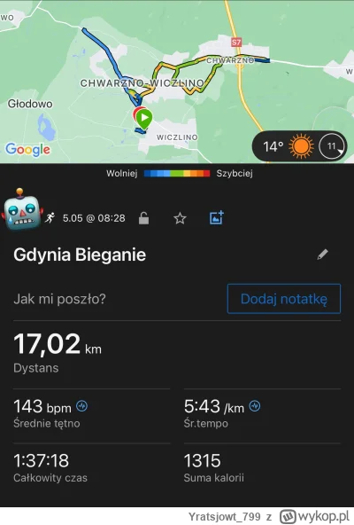 Yratsjowt_799 - 97 355,72 - 17,02 = 97 338,70

Dzisiaj 5km po 6min a później 2x5km 5:...