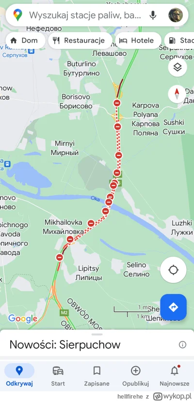 hellfirehe - Google Maps z autostrady M2 w okolicach mostu przez rzekę Oka. Blokady w...