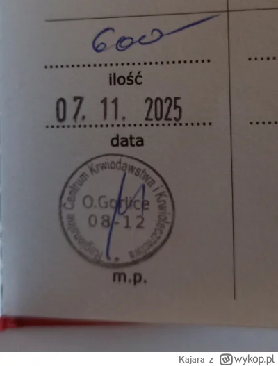 Kajara - 43 551 - 200 = 43 351
Data donacji - 07.11.2025
Rodzaj donacji - osocze
Miej...