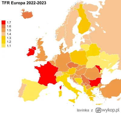 lavinka - Zrobiłam w miarę aktualną mapę współczynnika dzietności dla Europy po danyc...