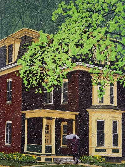 GARN - #sztuka #art #linoryt autor: William H. Hays | Spring Shower | 31 x 23.5 cm