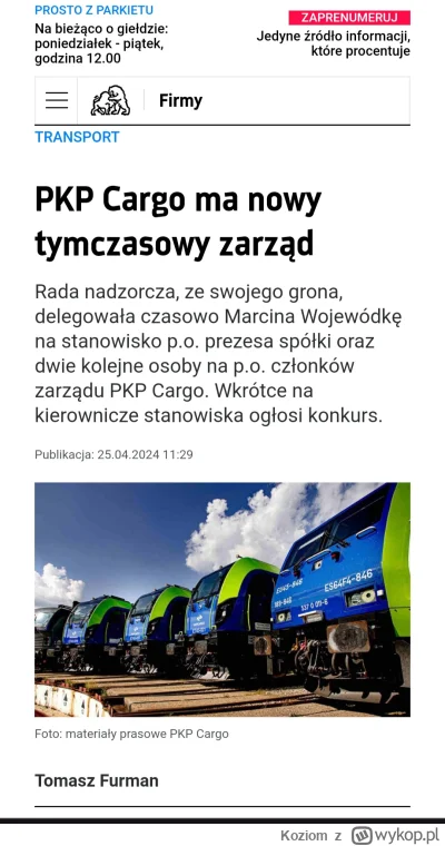 Koziom - Tak w ogóle, jest dyskusja, że PKP Cargo przegrało przetarg 11 kwietnia, bo ...