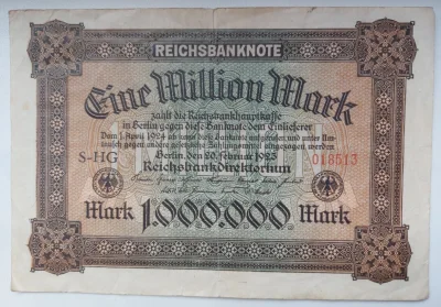 Barakun91 - #numizmatyka #hobby #pieniadze #banknoty
1 000 000 Marek z Niemiec 1923