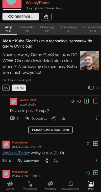 WykopX - https://wykop.pl/ludzie/WesolyTinder/znaleziska/komentowane
- dołączył 4 lat...