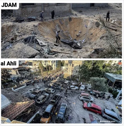 R187 - Porównanie skutków wybuchu izraelskich bomb (na górze) ze zdjęciem sprzed szpi...