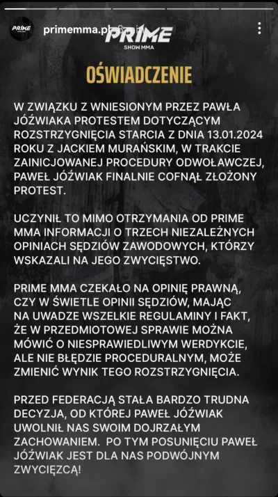 basilur - Obczajcie sobie instagram PRIME MMA XD 
Jóźwiak Paweł wycofał złożony prote...